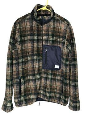 Norse Projects Full Zip Fleece Jacket Cotton Blend Plaid Brown Cream Medium